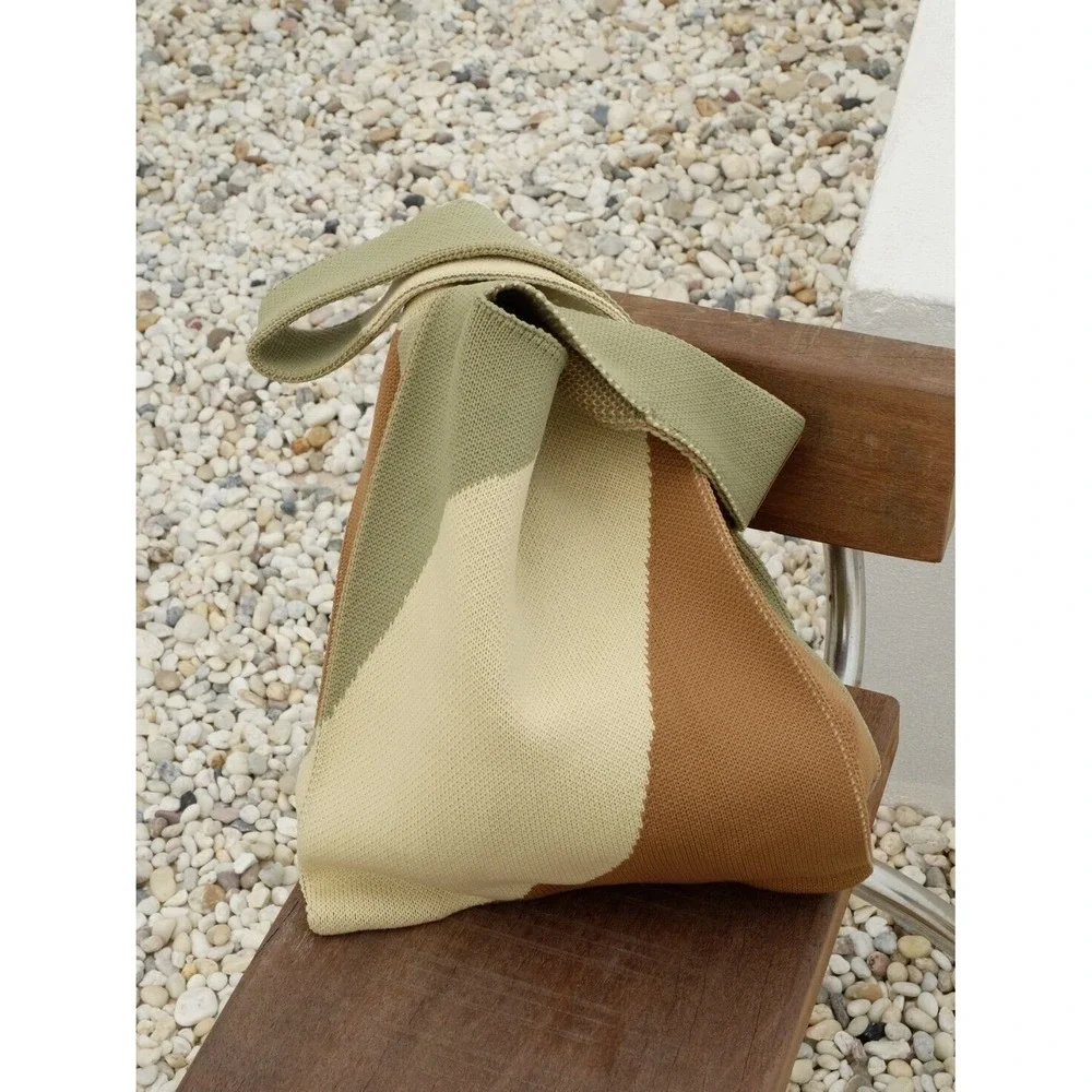 Buitollow Knit Tote Bag Colorblock Sage Green Tan Cream Eco Friendly Shopper NEW